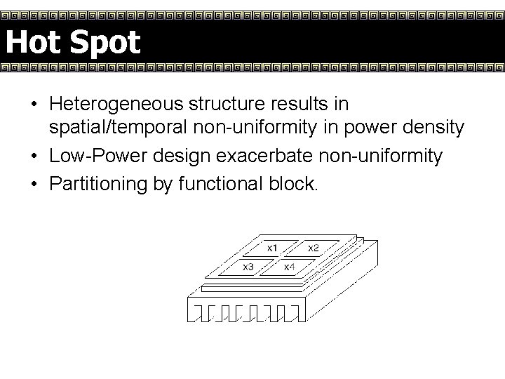 Hot Spot • Heterogeneous structure results in spatial/temporal non-uniformity in power density • Low-Power