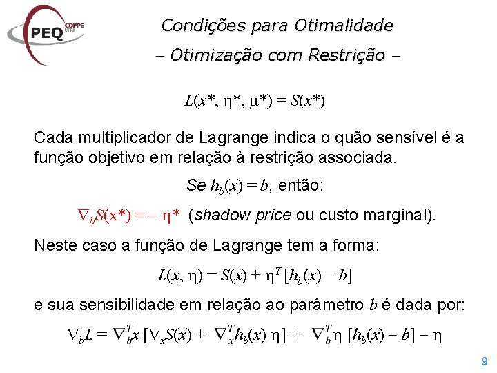 Condições para Otimalidade Otimização com Restrição L(x*, *) = S(x*) Cada multiplicador de Lagrange