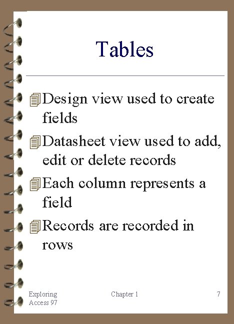 Tables 4 Design view used to create fields 4 Datasheet view used to add,