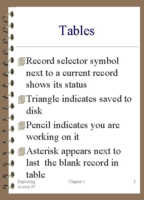 Tables 4 Record selector symbol next to a current record shows its status 4