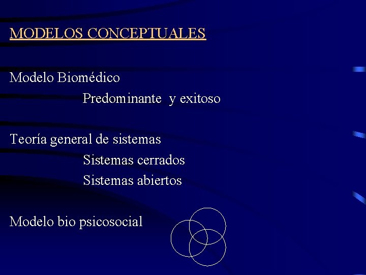 MODELOS CONCEPTUALES Modelo Biomédico Predominante y exitoso Teoría general de sistemas Sistemas cerrados Sistemas