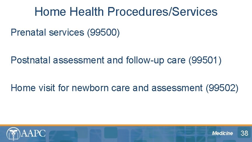 Home Health Procedures/Services Prenatal services (99500) Postnatal assessment and follow-up care (99501) Home visit