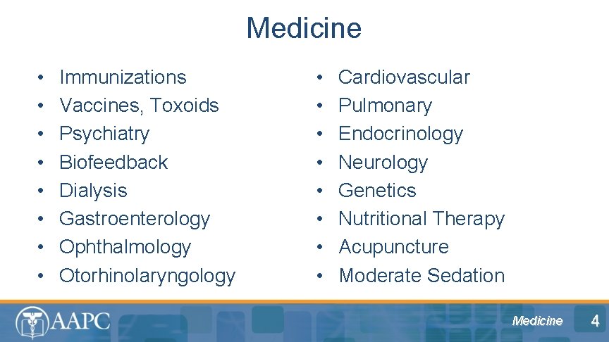 Medicine • • Immunizations Vaccines, Toxoids Psychiatry Biofeedback Dialysis Gastroenterology Ophthalmology Otorhinolaryngology • •