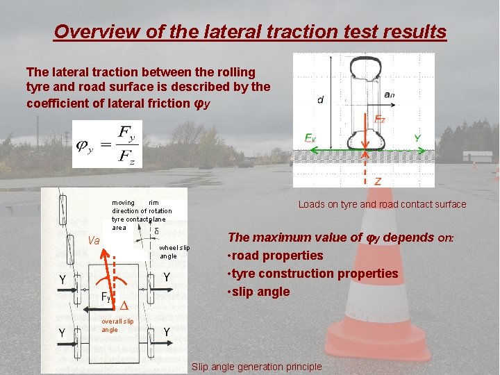 Overview of the lateral traction test results The lateral traction between the rolling tyre