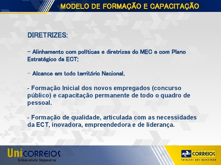 MODELO DE FORMAÇÃO E CAPACITAÇÃO DIRETRIZES: - Alinhamento com políticas e diretrizes do MEC