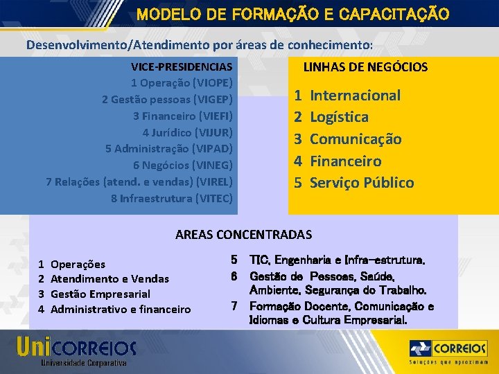 MODELO DE FORMAÇÃO E CAPACITAÇÃO Desenvolvimento/Atendimento por áreas de conhecimento: VICE-PRESIDENCIAS 1 Operação (VIOPE)