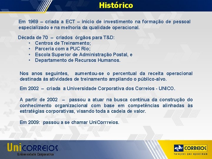 Histórico Em 1969 – criada a ECT – início de investimento na formação de