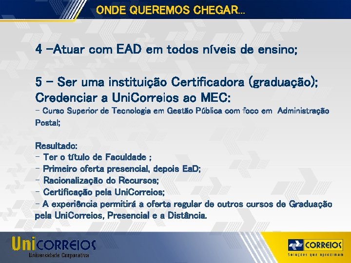 ONDE QUEREMOS CHEGAR. . . 4 -Atuar com EAD em todos níveis de ensino;