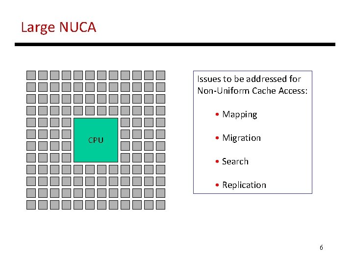 Large NUCA Issues to be addressed for Non-Uniform Cache Access: • Mapping CPU •