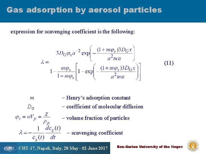 Gas adsorption by aerosol particles Scavenging of air pollutions expression for scavenging coefficient is