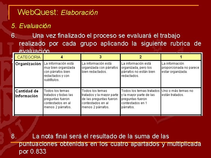 Web. Quest: Elaboración 5. Evaluación 6. Una vez finalizado el proceso se evaluará el