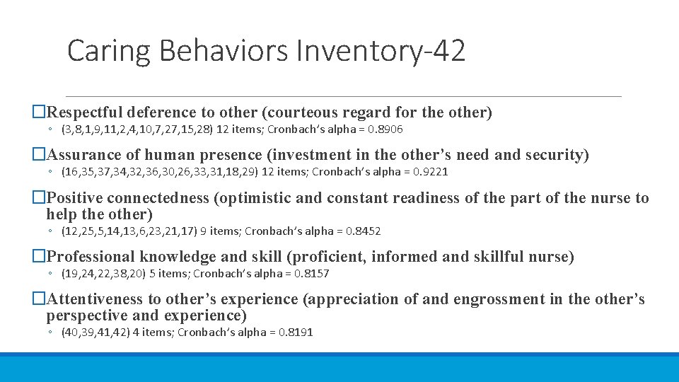 Caring Behaviors Inventory-42 �Respectful deference to other (courteous regard for the other) ◦ (3,
