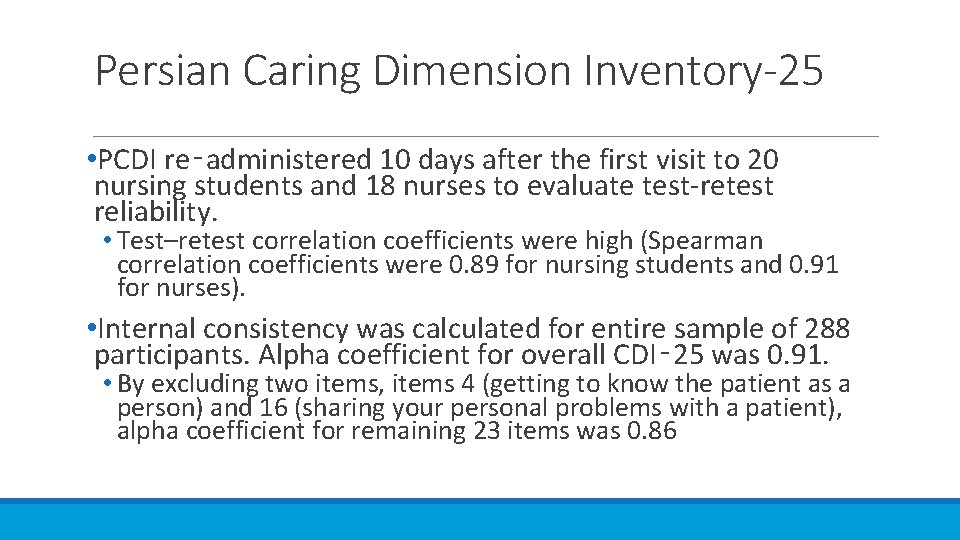 Persian Caring Dimension Inventory-25 • PCDI re‑administered 10 days after the first visit to
