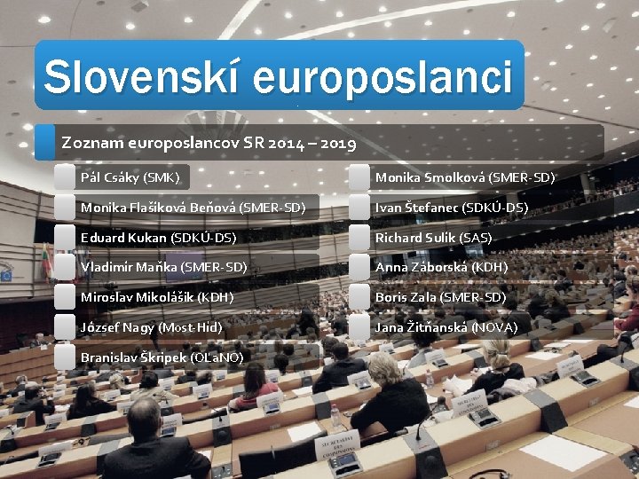 Slovenskí europoslanci Zoznam europoslancov SR 2014 – 2019 Pál Csáky (SMK) Monika Smolková (SMER-SD)