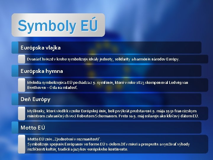 Symboly EÚ Európska vlajka Dvanásť hviezd v kruhu symbolizuje ideály jednoty, solidarity a harmónie