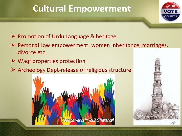 Cultural Empowerment Ø Promotion of Urdu Language & heritage. Ø Personal Law empowerment: women