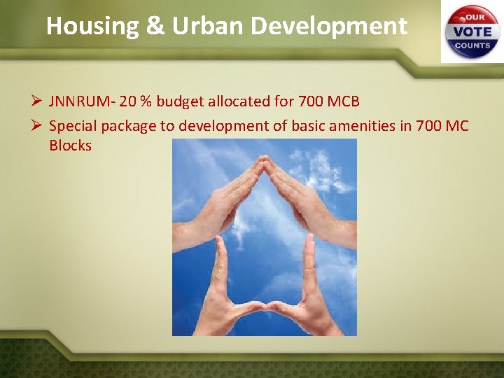 Housing & Urban Development Ø JNNRUM- 20 % budget allocated for 700 MCB Ø