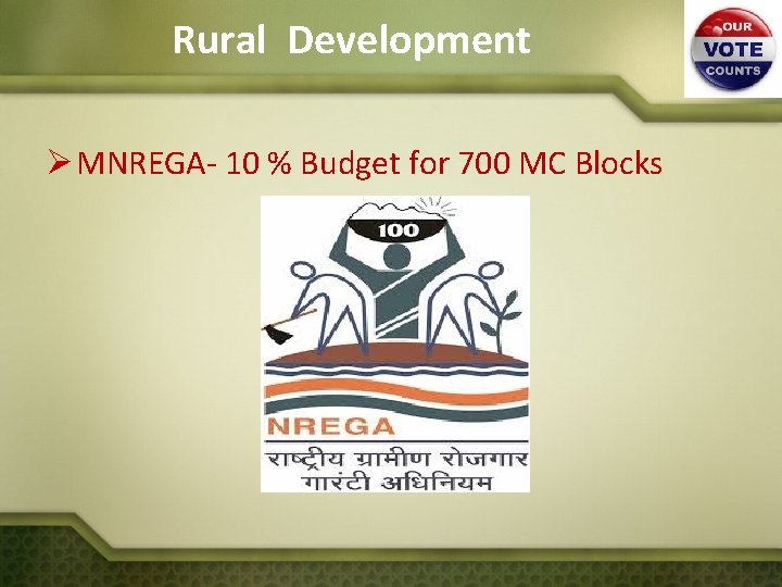 Rural Development Ø MNREGA- 10 % Budget for 700 MC Blocks 