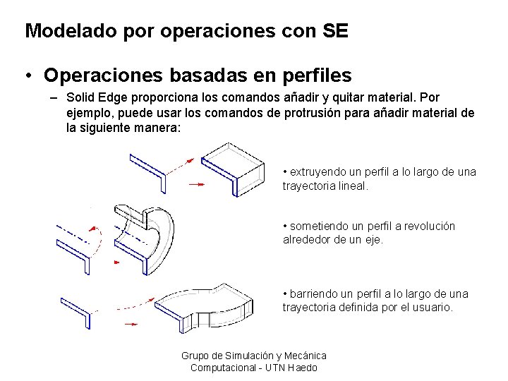 Modelado por operaciones con SE • Operaciones basadas en perfiles – Solid Edge proporciona