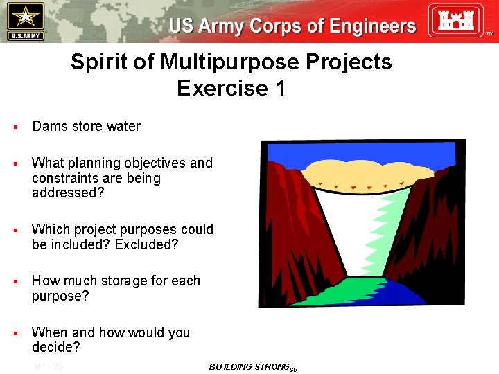 Spirit of Multipurpose Projects Exercise 1 § Dams store water § What planning objectives