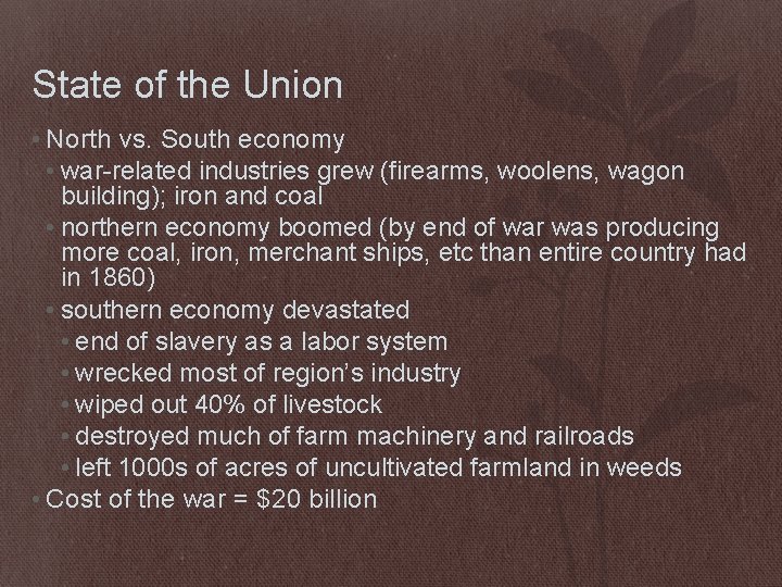 State of the Union • North vs. South economy • war-related industries grew (firearms,