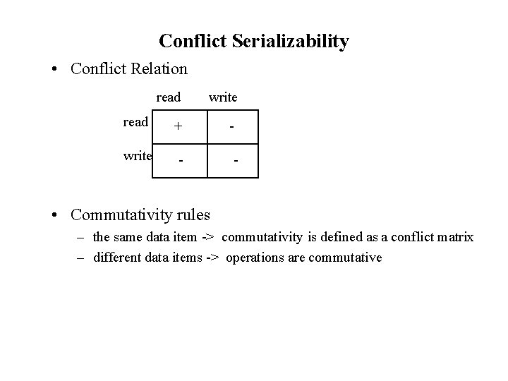 Conflict Serializability • Conflict Relation read write read + - write - - •