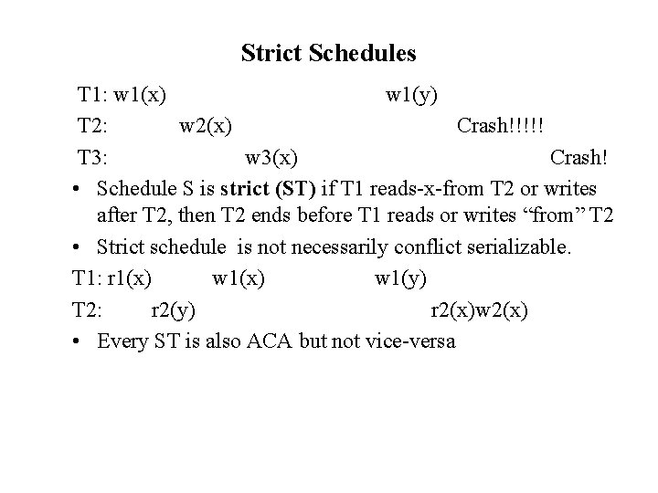 Strict Schedules T 1: w 1(x) w 1(y) T 2: w 2(x) Crash!!!!! T
