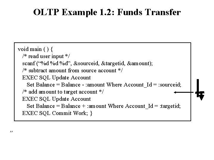 OLTP Example 1. 2: Funds Transfer void main ( ) { /* read user