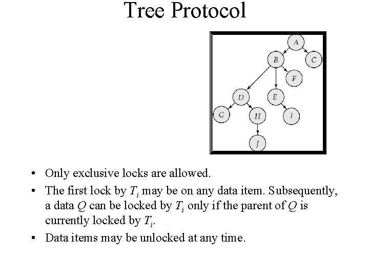 Tree Protocol • Only exclusive locks are allowed. • The first lock by Ti