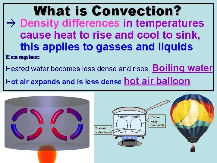 What is Convection? Density differences in temperatures cause heat to rise and cool to