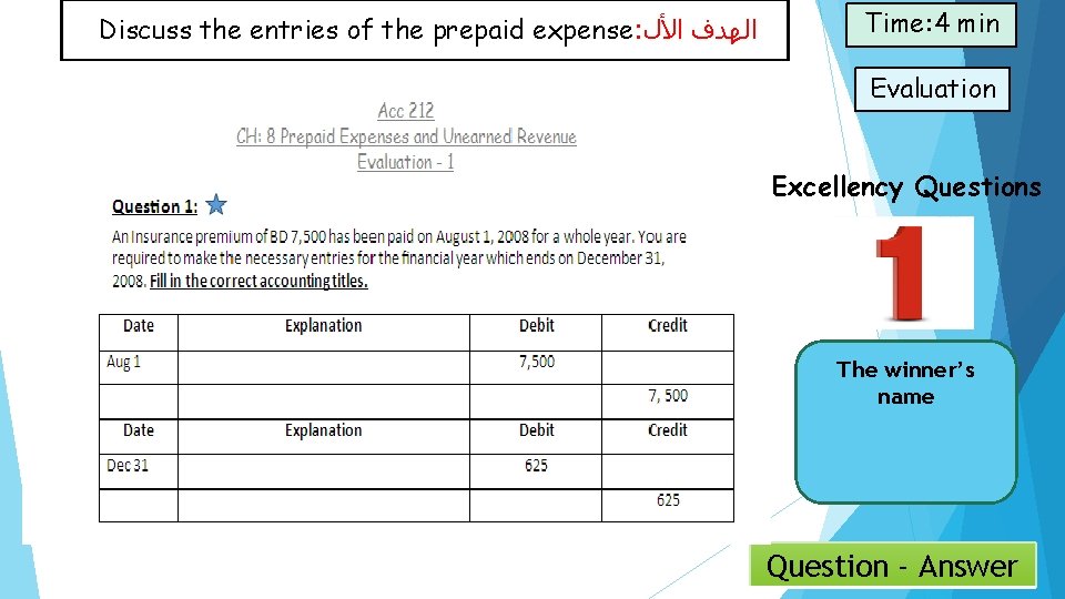 Discuss the entries of the prepaid expense: ﺍﻟﻬﺪﻑ ﺍﻷﻝ Time: 4 min Evaluation Excellency