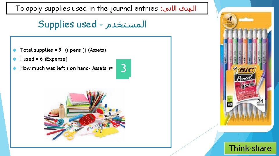 To apply supplies used in the journal entries : ﺍﻟﻬﺪﻑ ﺍﻟﺍﻧﻲ Supplies used -