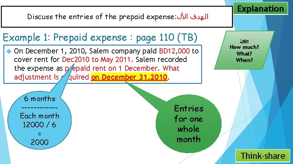 Discuss the entries of the prepaid expense: ﺍﻟﻬﺪﻑ ﺍﻷﻝ Example 1: Prepaid expense :