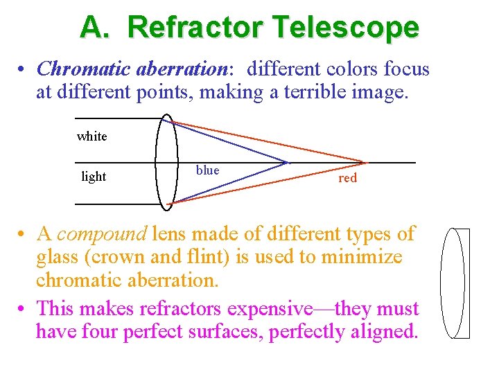 A. Refractor Telescope • Chromatic aberration: different colors focus at different points, making a