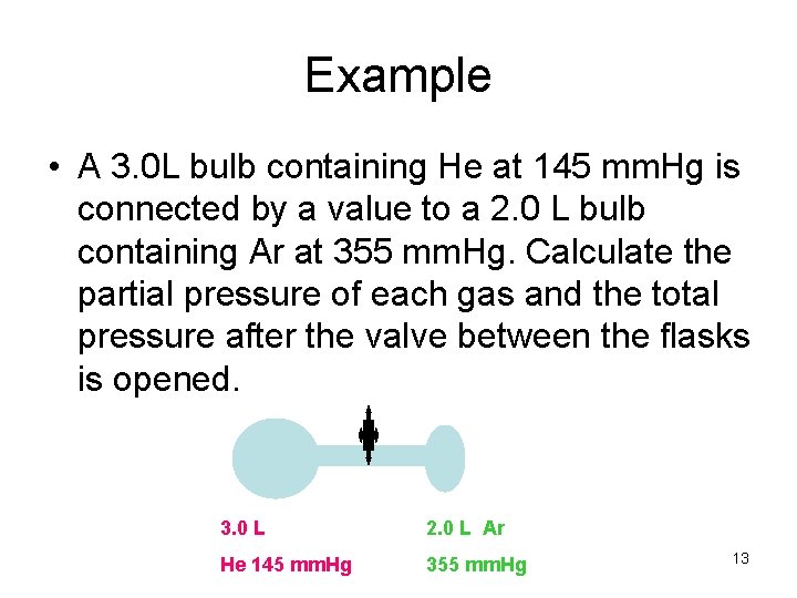 Example • A 3. 0 L bulb containing He at 145 mm. Hg is