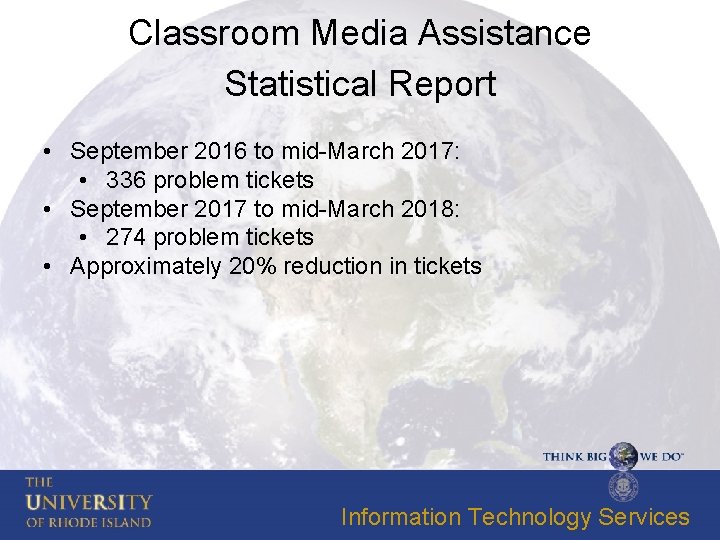 Classroom Media Assistance Statistical Report • September 2016 to mid-March 2017: • 336 problem