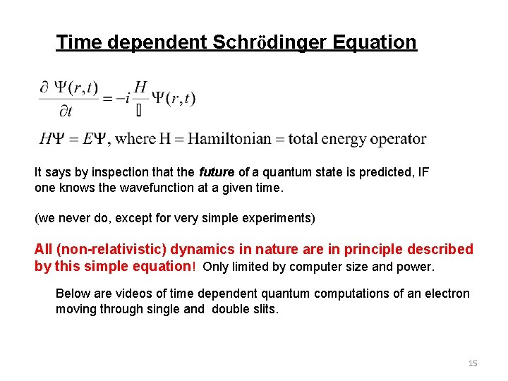 Time dependent Schrödinger Equation It says by inspection that the future of a quantum