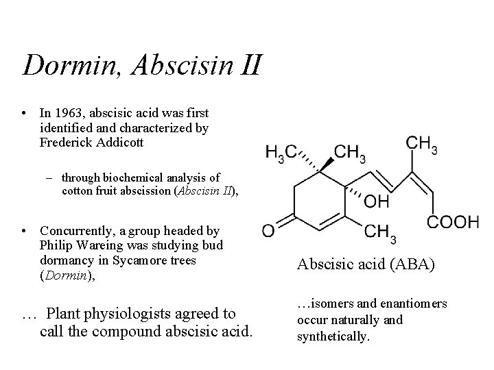 Dormin, Abscisin II • In 1963, abscisic acid was first identified and characterized by