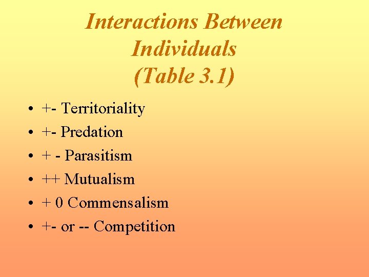Interactions Between Individuals (Table 3. 1) • • • +- Territoriality +- Predation +