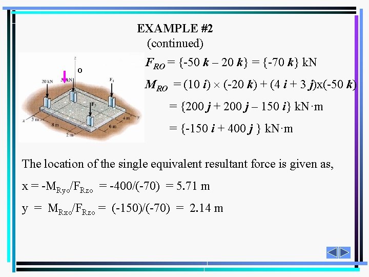 EXAMPLE #2 (continued) o FRO = {-50 k – 20 k} = {-70 k}