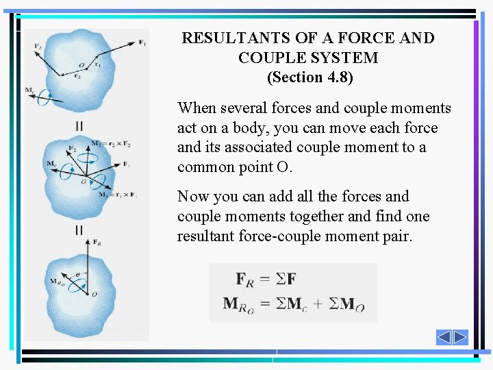 RESULTANTS OF A FORCE AND COUPLE SYSTEM (Section 4. 8) When several forces and