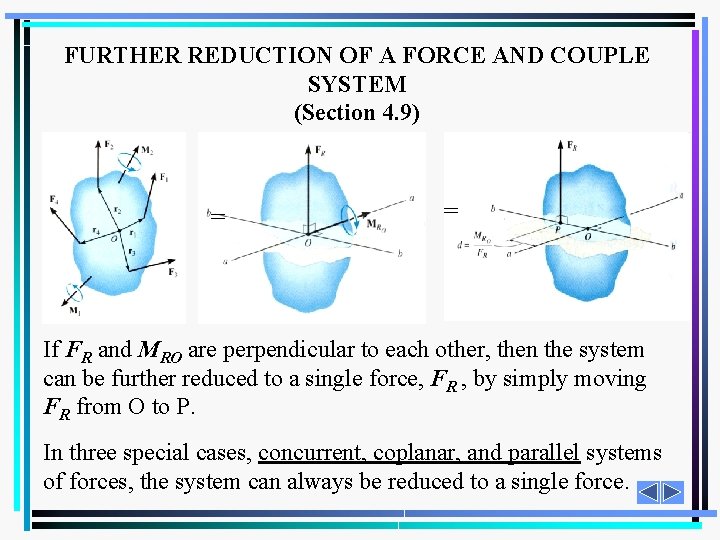 FURTHER REDUCTION OF A FORCE AND COUPLE SYSTEM (Section 4. 9) = = If