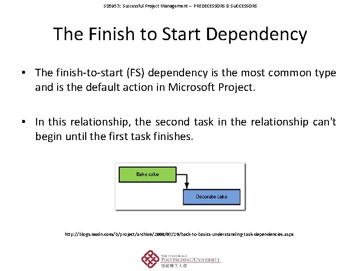 SD 5953: Successful Project Management – PREDECESSORS & SUCCESSORS The Finish to Start Dependency