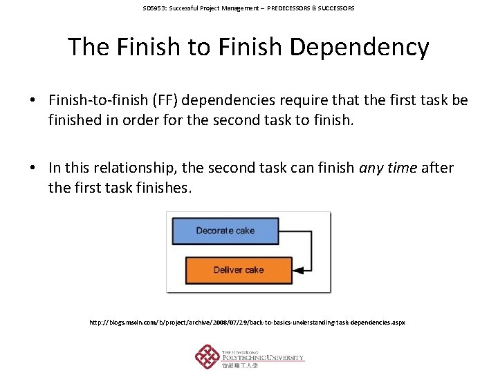 SD 5953: Successful Project Management – PREDECESSORS & SUCCESSORS The Finish to Finish Dependency