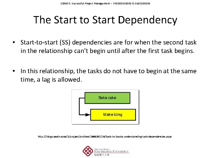 SD 5953: Successful Project Management – PREDECESSORS & SUCCESSORS The Start to Start Dependency
