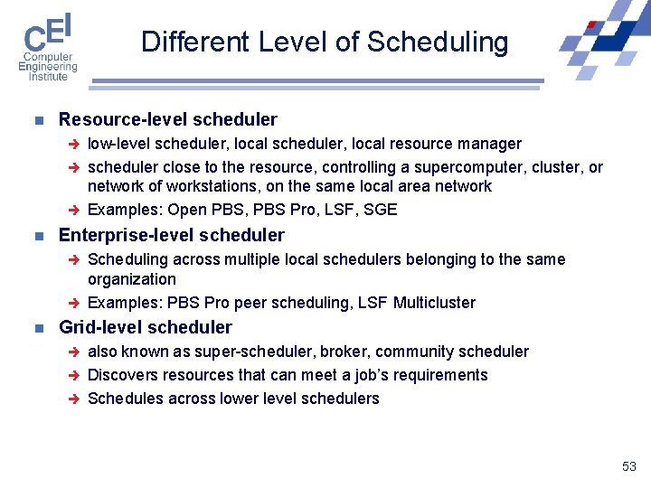 Different Level of Scheduling n Resource-level scheduler è è è n Enterprise-level scheduler è