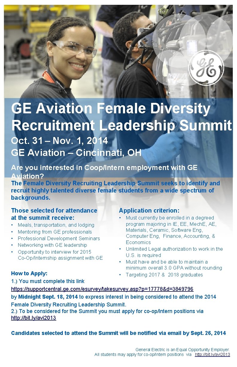 GE Aviation Female Diversity Recruitment Leadership Summit Oct. 31 – Nov. 1, 2014 GE