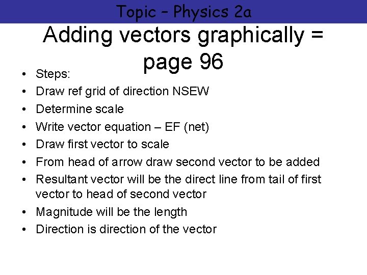 Topic – Physics 2 a • • Adding vectors graphically = page 96 Steps: