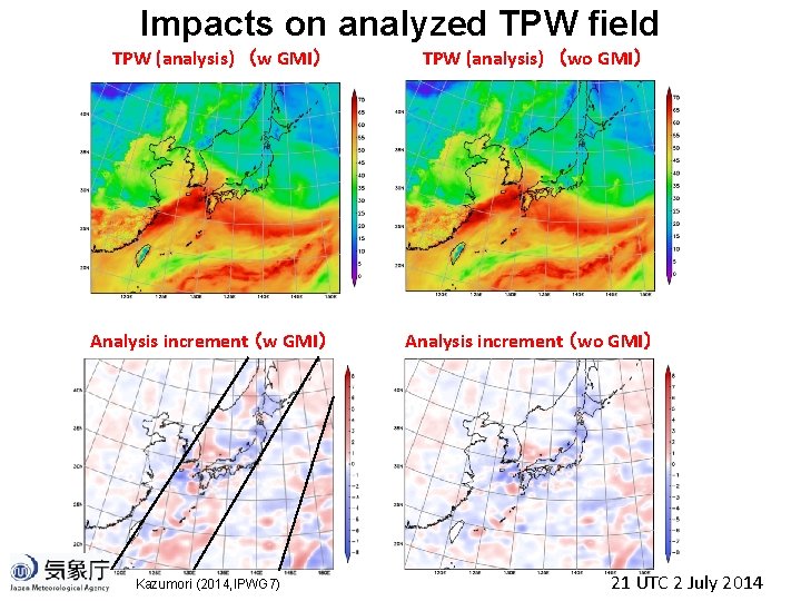 Impacts on analyzed TPW field TPW (analysis)　（w GMI） Analysis increment （w GMI） Kazumori (2014,