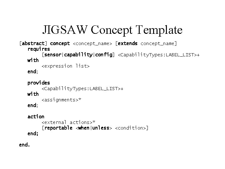 JIGSAW Concept Template [abstract] concept <concept_name> [extends concept_name] requires [sensor|capability|config] <Capability. Types: LABEL_LIST>+ with